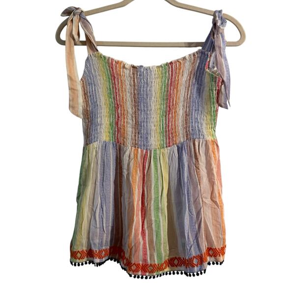 THML multicolor stripe embroidered smocked babydoll tank ties on shoulders Small - Picture 1 of 8